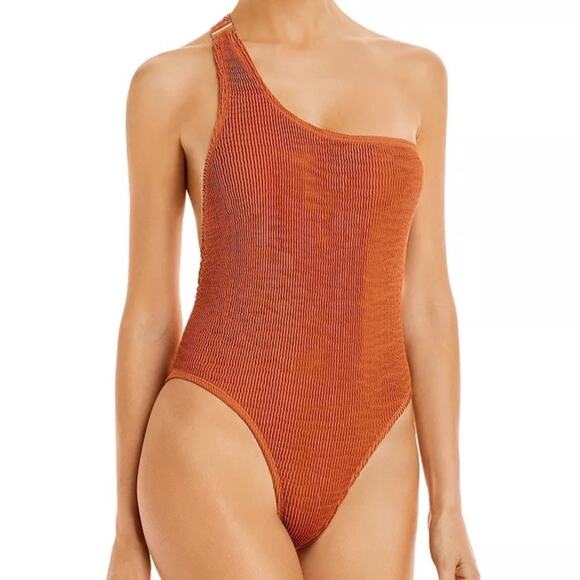 Cleonie Espresso Sculpture Mailout Smocked One Piece Swimsuit Sz O/S NWT - Picture 1 of 12
